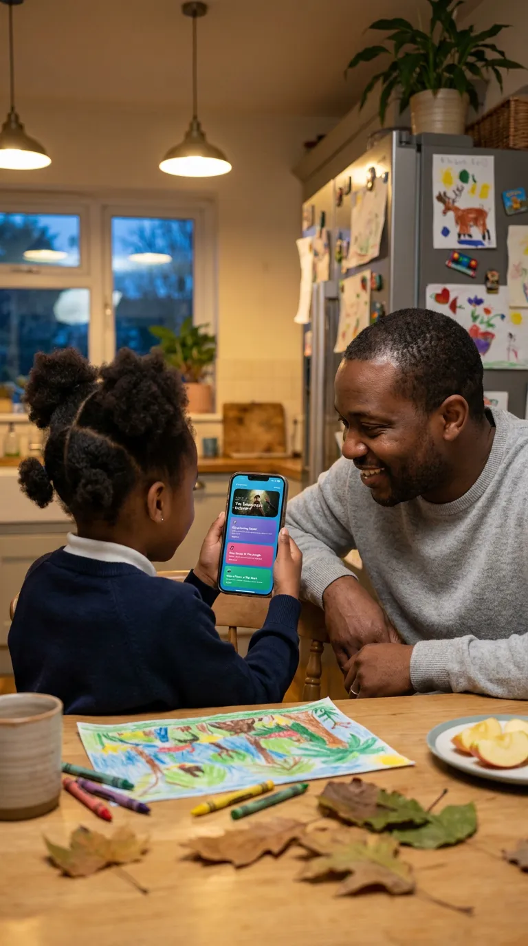 A parent and child looking at Home Zone on a phone at the kitchen table