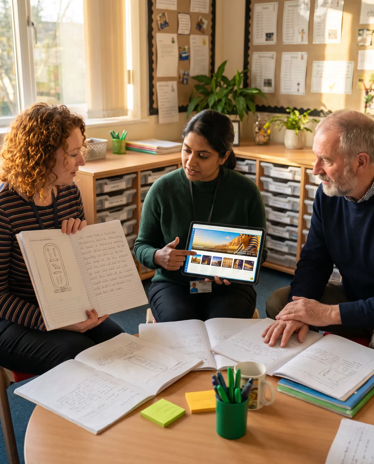 Three teachers looking through pupils' exercise books together, one holding a tablet showing the Pharaoh Queen unit