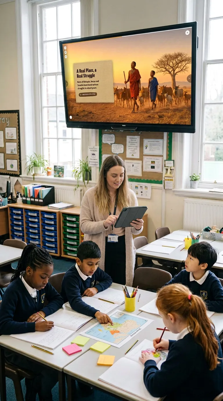 A teacher guiding the lesson from her tablet while pupils work, with the lesson on the classroom screen
