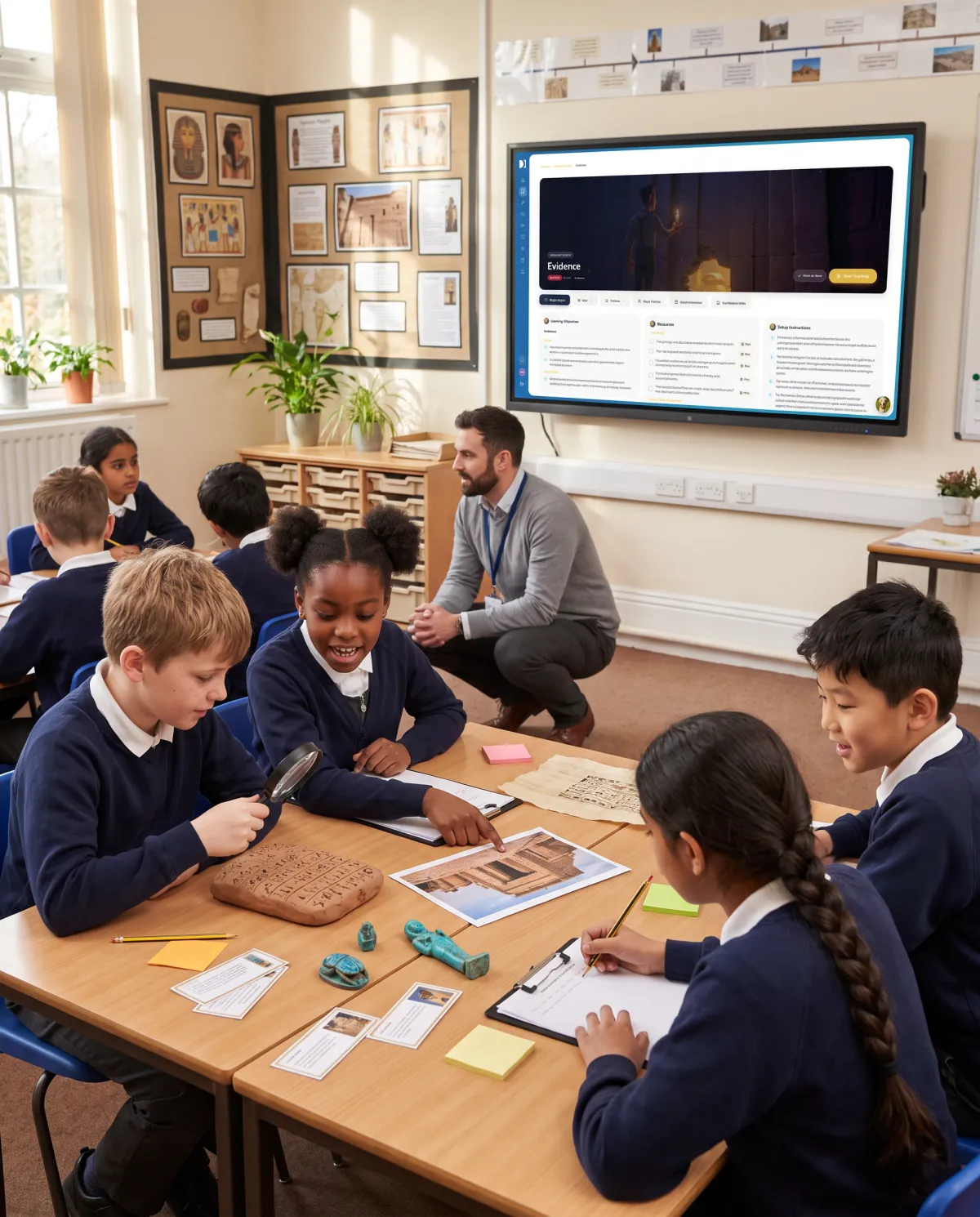 Year 6 pupils examining replica Egyptian artefacts, a Pharaoh Queen lesson on the classroom screen