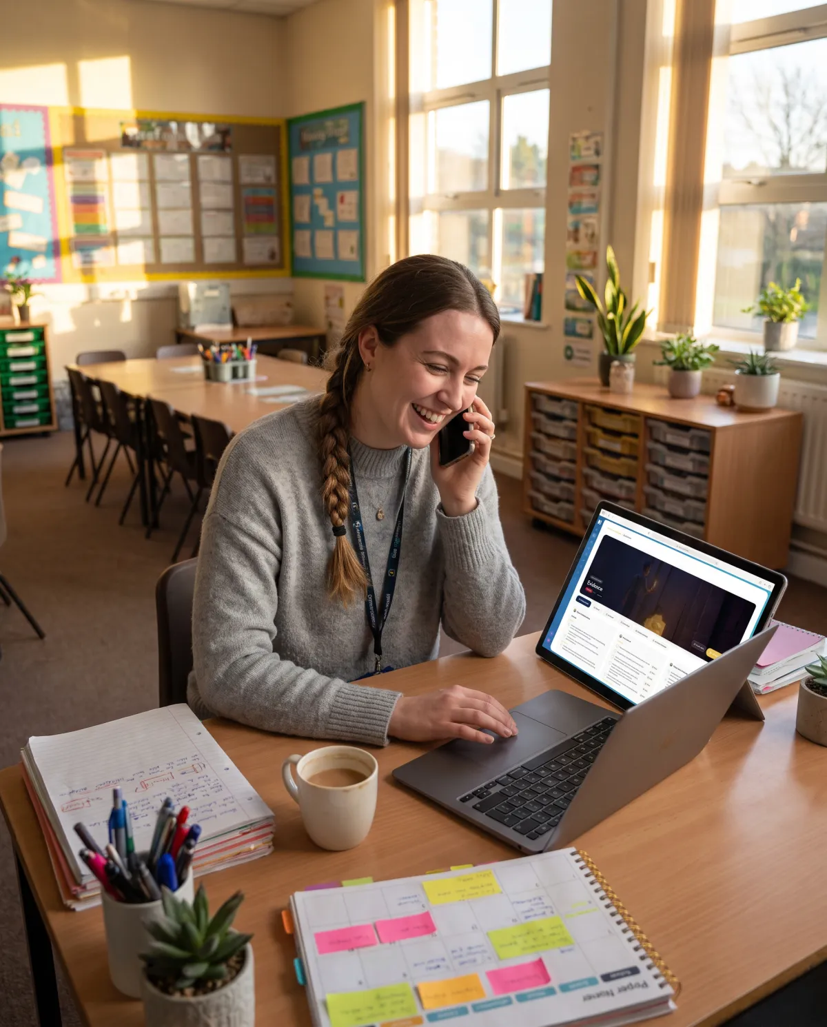 A teacher laughing on the phone at her desk after school, a Dimensions Connect lesson open on her laptop